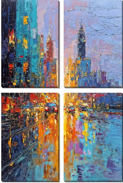 Модульная картина Городская улица ночью с небоскрёбами и яркими огнями и отражениями на асфальте