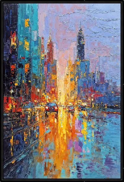 Картина Городская улица ночью с небоскрёбами и яркими огнями и отражениями на асфальте