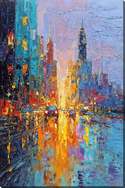 Картина маслом Городская улица ночью с небоскрёбами и яркими огнями и отражениями на асфальте