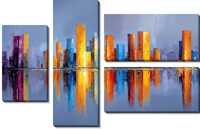 Модульная картина Городские здания отражаются в воде на фоне серого неба в вечернее время