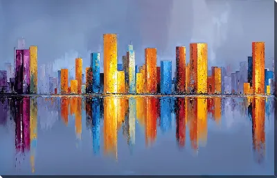 Картина маслом Городские здания отражаются в воде на фоне серого неба в вечернее время