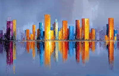 Плакат Городские здания отражаются в воде на фоне серого неба в вечернее время