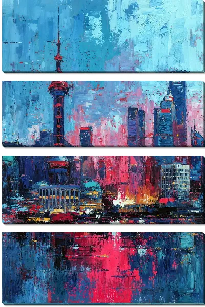 Модульная картина Городская сцена Шанхая в ярких тонах во время заката