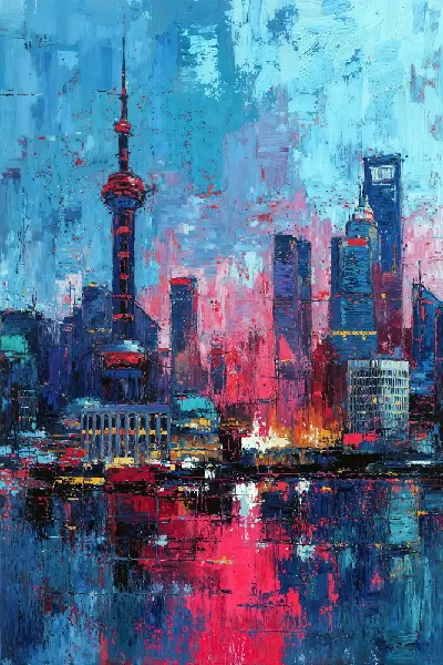Плакат Городская сцена Шанхая в ярких тонах во время заката