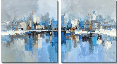 Модульная картина Городской пейзаж на воде с высокими зданиями и отражениями в облачную погоду