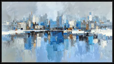 Картина Городской пейзаж на воде с высокими зданиями и отражениями в облачную погоду