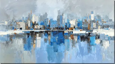 Картина маслом Городской пейзаж на воде с высокими зданиями и отражениями в облачную погоду