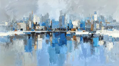 Плакат Городской пейзаж на воде с высокими зданиями и отражениями в облачную погоду