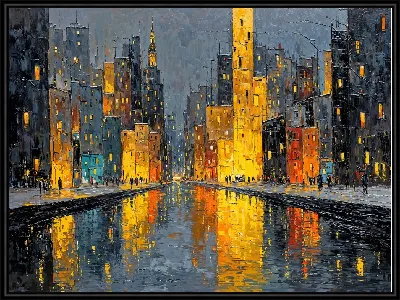 Картина Ночной город с яркими огнями и отражением в воде на улице