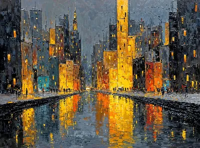 Плакат Ночной город с яркими огнями и отражением в воде на улице