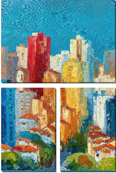 Модульная картина Городской пейзаж с яркими зданиями и крышами на фоне голубого неба