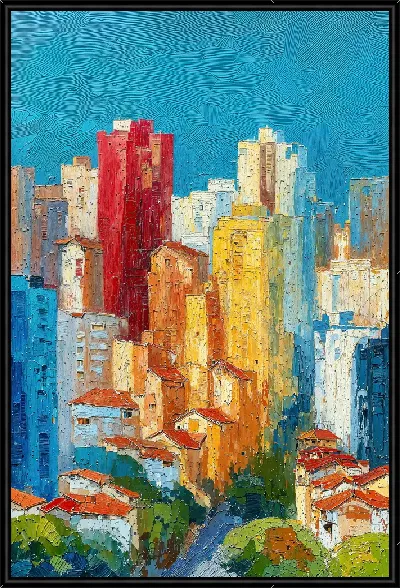 Картина Городской пейзаж с яркими зданиями и крышами на фоне голубого неба