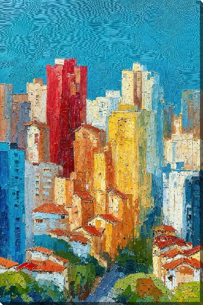 Постер Городской пейзаж с яркими зданиями и крышами на фоне голубого неба