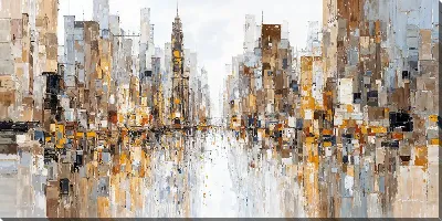 Картина маслом Вид на городское пространство с высокими зданиями и отражением в воде в светлое время суток