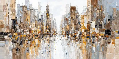 Плакат Вид на городское пространство с высокими зданиями и отражением в воде в светлое время суток