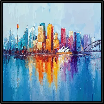 Картина Городской пейзаж с небоскребами и отражением в воде