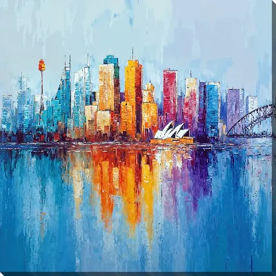Картина маслом Городской пейзаж с небоскребами и отражением в воде