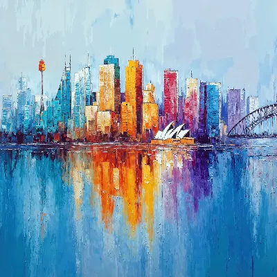 Плакат Городской пейзаж с небоскребами и отражением в воде