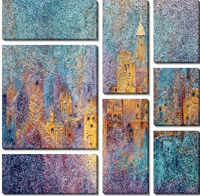 Модульная картина Городская сцена с домами и башнями на фоне абстрактного неба