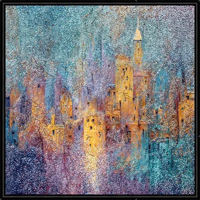 Картина Городская сцена с домами и башнями на фоне абстрактного неба