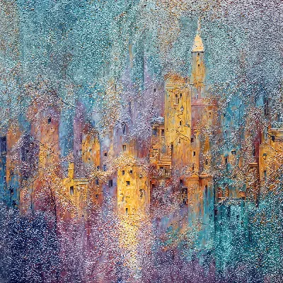 Плакат Городская сцена с домами и башнями на фоне абстрактного неба