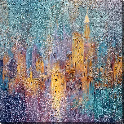 Постер Городская сцена с домами и башнями на фоне абстрактного неба