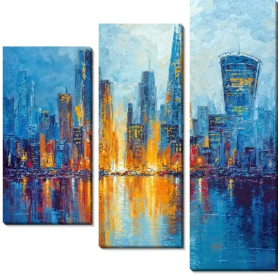 Модульная картина Вечерний город с небоскребами у реки в свете огней