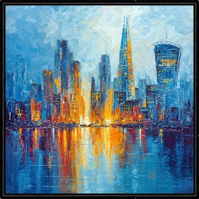 Картина Вечерний город с небоскребами у реки в свете огней