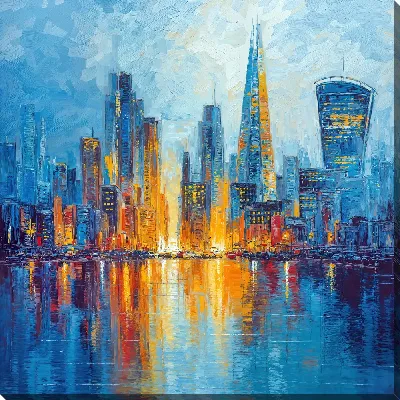 Вечерний город с небоскребами у реки в свете огней