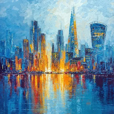 Плакат Вечерний город с небоскребами у реки в свете огней