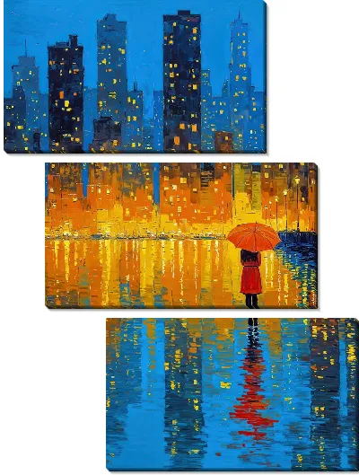 Модульная картина Девушка с зонтом наблюдает за городом ночью возле воды