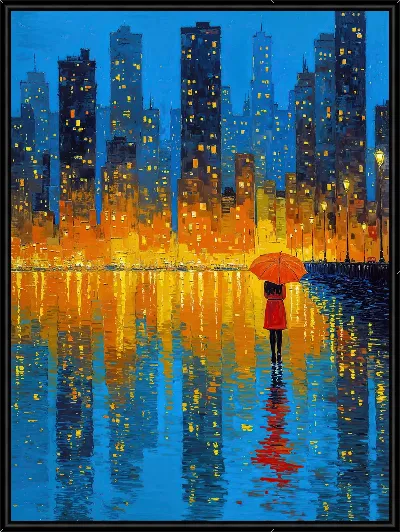 Картина Девушка с зонтом наблюдает за городом ночью возле воды