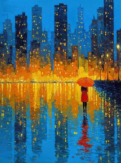 Плакат Девушка с зонтом наблюдает за городом ночью возле воды