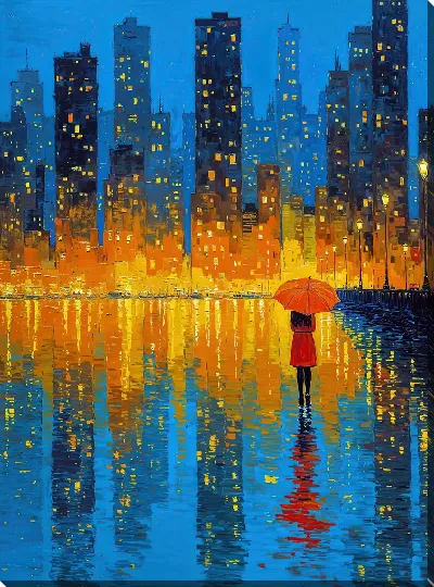 Постер Девушка с зонтом наблюдает за городом ночью возле воды