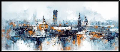 Картина Городская сцена с зданиями и водой в серых и оранжевых тонах на фоне облаков