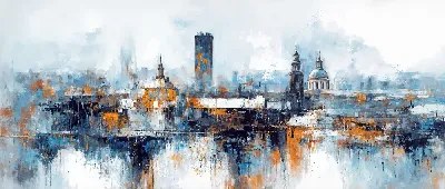 Плакат Городская сцена с зданиями и водой в серых и оранжевых тонах на фоне облаков