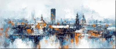 Постер Городская сцена с зданиями и водой в серых и оранжевых тонах на фоне облаков