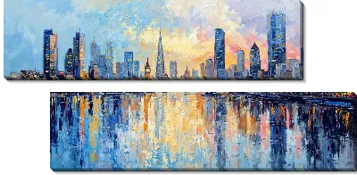 Модульная картина Вид на город с рекой на закате со зданиями и отражениями на воде