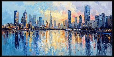 Картина Вид на город с рекой на закате со зданиями и отражениями на воде