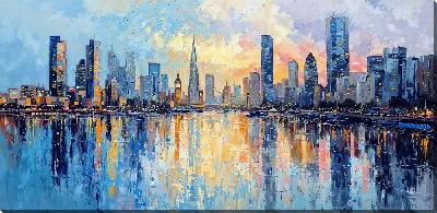 Картина маслом Вид на город с рекой на закате со зданиями и отражениями на воде