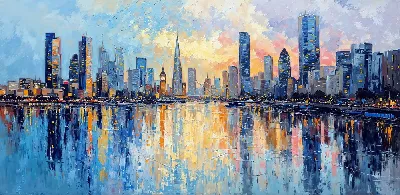 Плакат Вид на город с рекой на закате со зданиями и отражениями на воде