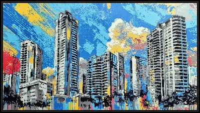 Картина Городские небоскребы на фоне яркого неба в дневное время