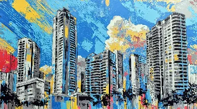 Плакат Городские небоскребы на фоне яркого неба в дневное время