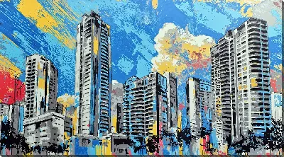 Постер Городские небоскребы на фоне яркого неба в дневное время