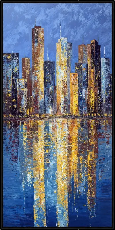 Картина Городские небоскребы отражаются в воде на закате