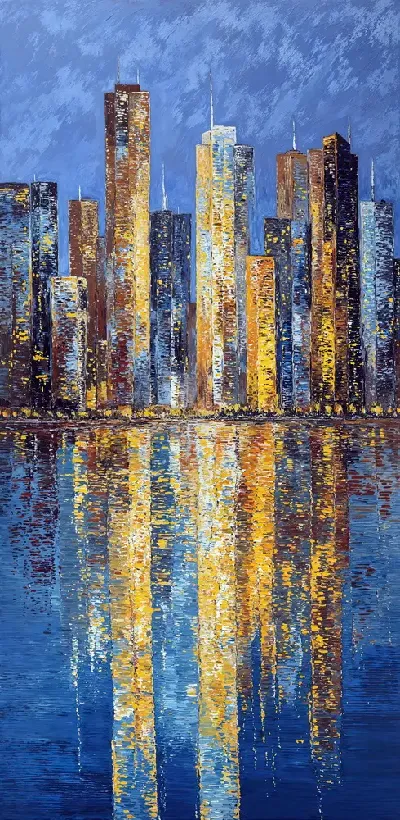 Плакат Городские небоскребы отражаются в воде на закате