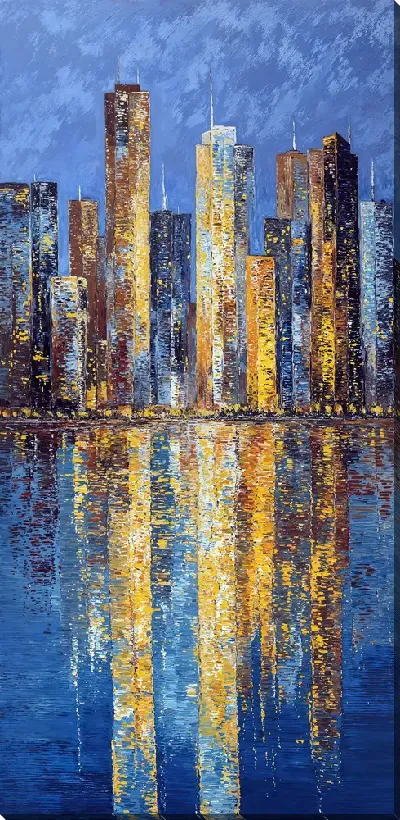 Постер Городские небоскребы отражаются в воде на закате