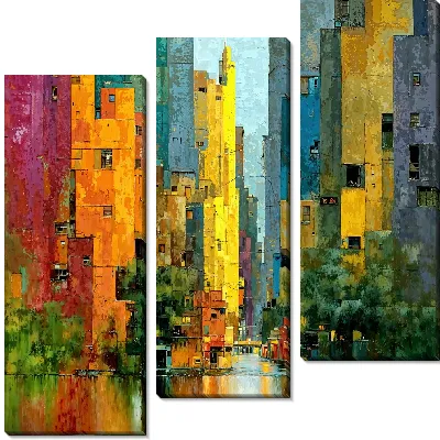 Модульная картина Городская улица с высокими зданиями и отражением в воде в солнечный день
