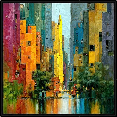 Картина Городская улица с высокими зданиями и отражением в воде в солнечный день