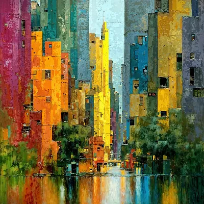 Плакат Городская улица с высокими зданиями и отражением в воде в солнечный день